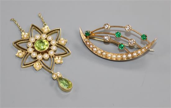 An early 20th century yellow metal, peridot and split pearl set drop pendant and a yellow metal and gem set crescent spray brooch.